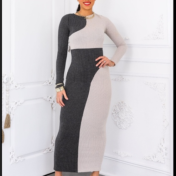 Ribbed Green and Pink Maxi Bodycon Dress with Long Cuffed Sleeves - Picture 2 of 8